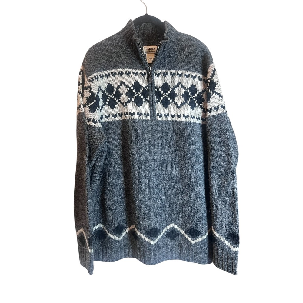 LL Bean Mens XL Shetland Wool Quarter Zip Fair Isle Sweater‎ Gray Nordic